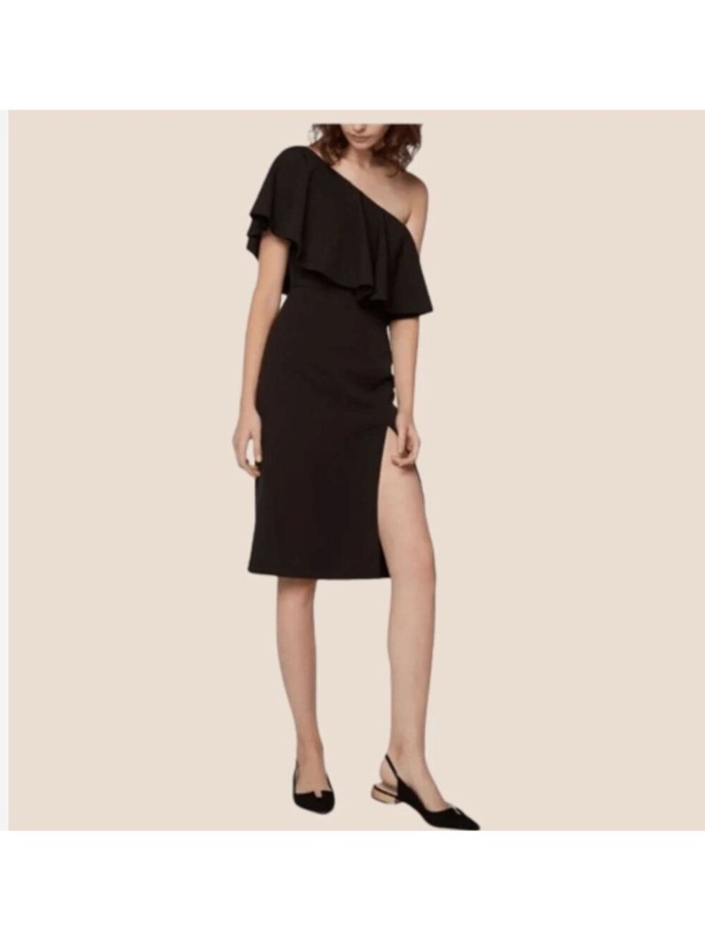 NWT Frame and Partners One Shoulder Mini Dress Black High Slit LBD party US 2